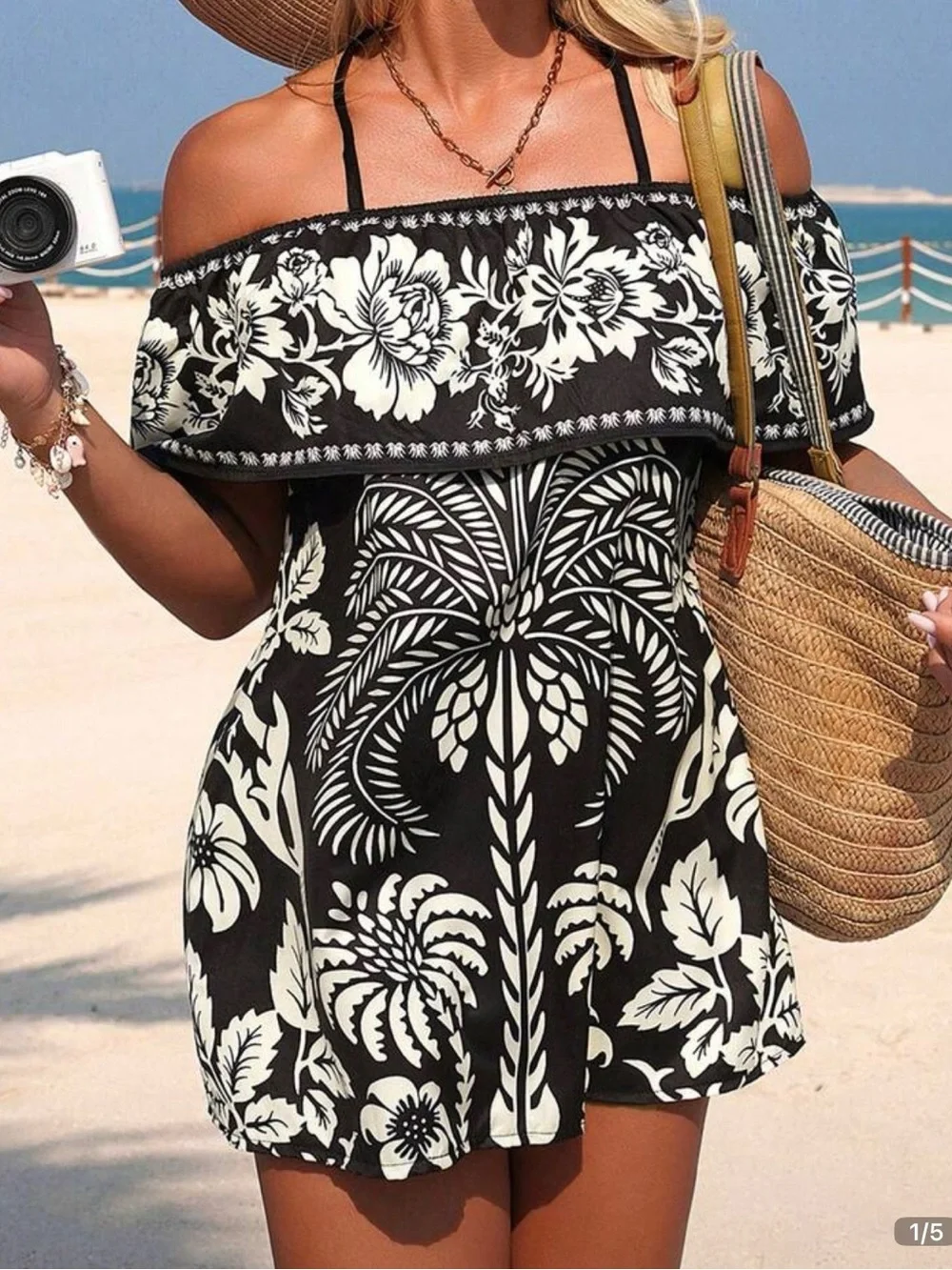 NEW Off-Shoulder Black & White Tropical Swim Cover-Up Dress